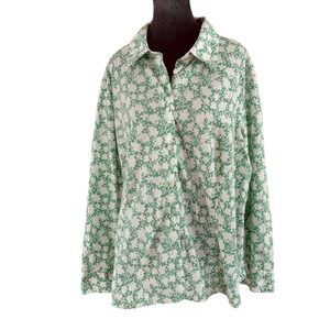 Talbots Woman 3X Green Floral Print Button Down Shirt Long Sleeve Cotton Blend